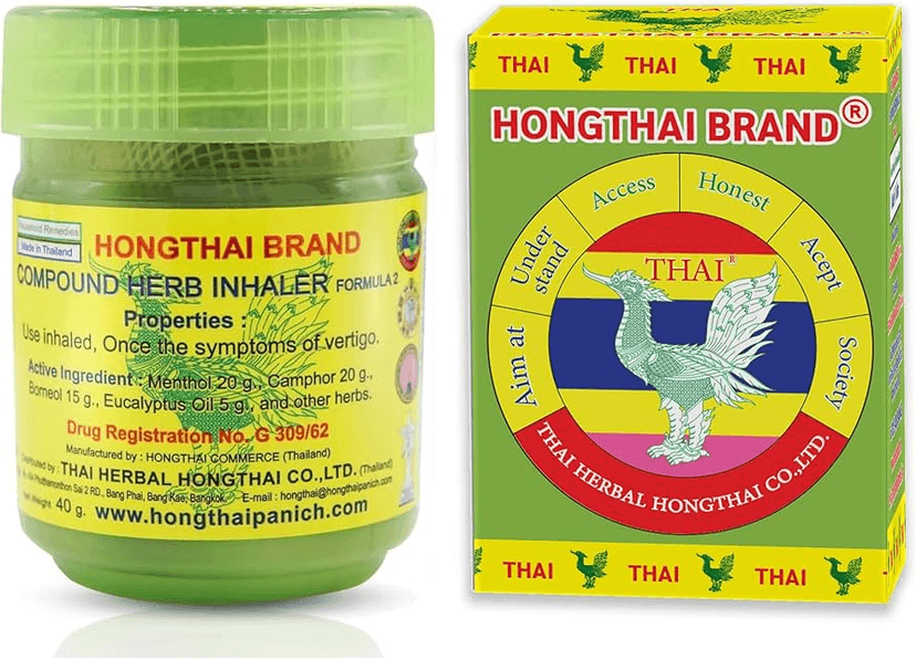 Hong Thai Brand Traditional Thai Herbal Inhaler Authentic Hong Thai Herbal Inhaler and packaging - Traditional Thai aromatherapy inhaler with green cap and distinctive yellow label